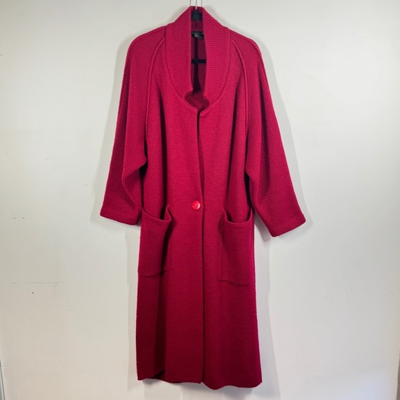 Vintage Elegant Pinkish Red Wool Mohair Blend Long Maxi Cardigan Oversized Coat - Picture 3 of 15
